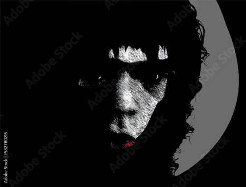 A dark dangerous looking young man with a unibrow has the appearance of a caveman or neanderthal man and is seen in this foreboding 3-d illustration.