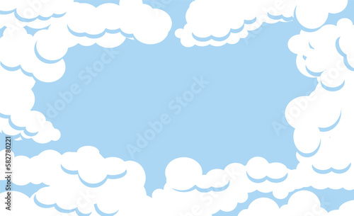 White fluffy clouds surround an opening that reveals clear blue sky where graphic elements or text may be placed. This is an illustration on a transparent background. 