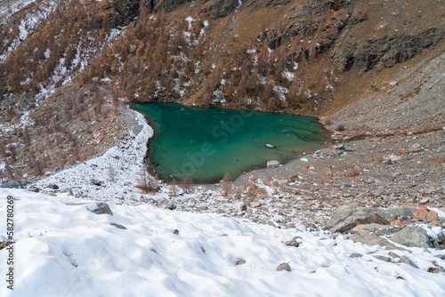 Closeup shot of the Lago Blue lake in Ayas Valley, Monte Rosa mountain, Italy photo