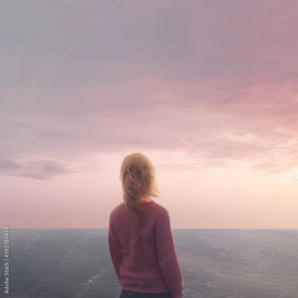 lonely girl gazing at the sea with melancholy in an orange sunset generative ai	