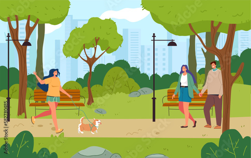 People walk public park street landscape concept. Vector graphic design element illustration