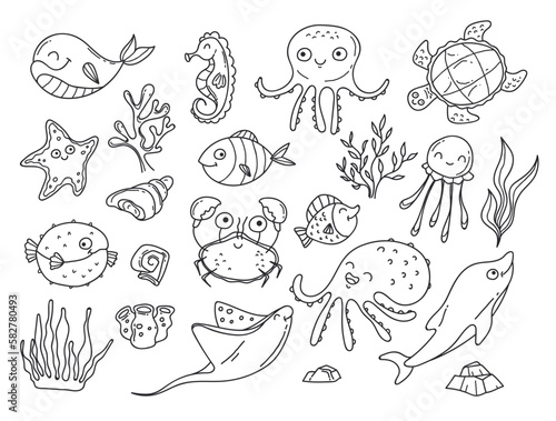 Sea animal marine underwater doodle line art style isolated set. Vector graphic design element illustration