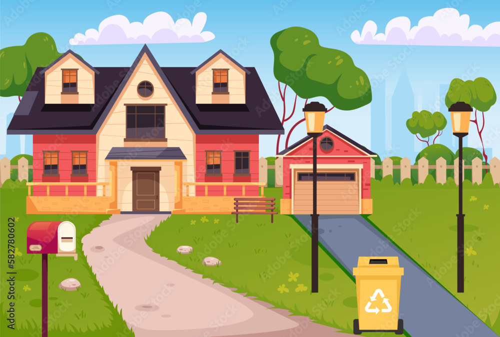 Naklejka premium Country house exterior landscape garden scene background concept. Vector graphic design element illustration