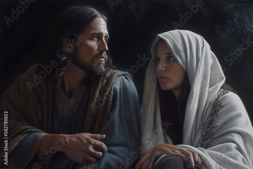 Canvastavla Illustration painting of Jesus Christ with Mary Magdalene - Ai generaive