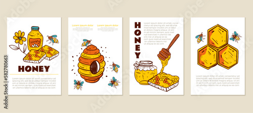 Honey honeycomb honeybee food background pattern flyer concept set. Vector graphic design element illustration