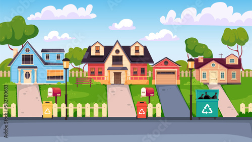 Neighborhood street cartoon house home city small town village concept. Vector graphic design illustration