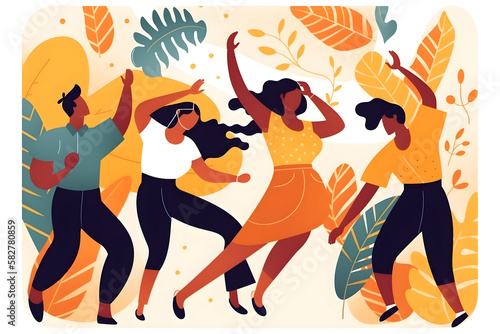 International dance day illustration. Two women and two men enjoy dancing. Generative AI.
