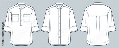 Set of Band Collar Shirts technical fashion Illustration. Short Sleeve Shirt fashion technical drawing template, button-up, oversize, front and back view, white, women, men, unisex CAD mockup set. .