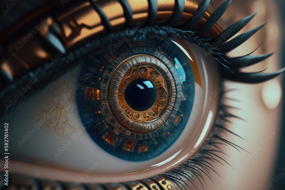 Close up of a robotic cyber eye made with Generative AI.
