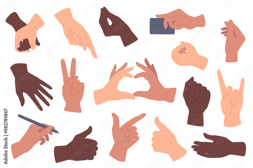 Hands gestures set graphic elements in flat design. Bundle of caucasian and african american hands holding, pointing, showing heart, like, rock and other gestures. Illustration isolated objects