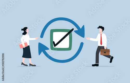 Task rechecking, review completed work to identify and correct error, carefulness in working concept, Businessman and woman with completed checkbox and circular arrows around.