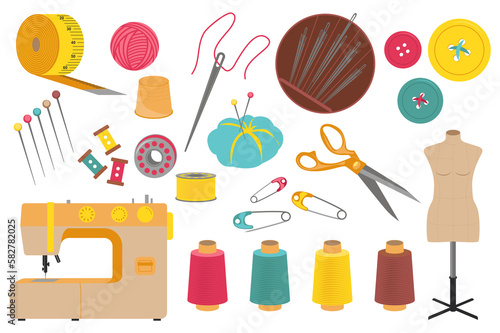 Sewing tools set graphic elements in flat design. Bundle of measuring tape, sew machine, thread, thimble, needle, buttons, pins, scissors, mannequin and other. Illustration isolated objects