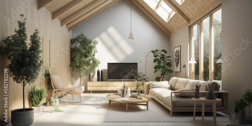 Modern Living room with vaulted ceilings  3d render Generative AI