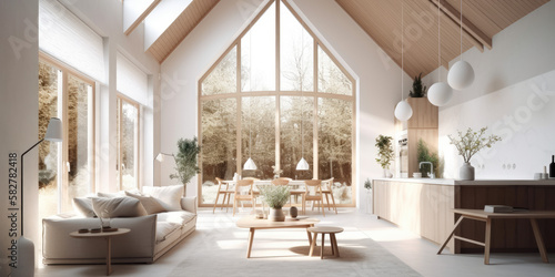 Modern Living room with vaulted ceilings, 3d render Generative AI