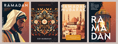 Ramadan Kareem and Eid Mubarak islamic illustrations set for posters, cards, holiday covers with Arabic architecture, mosque, pattern, lantern and man portrait in pray, modern typography and wishes