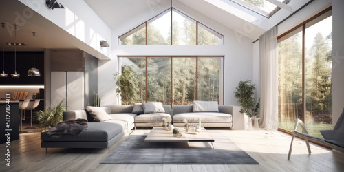 Modern Living room with vaulted ceilings, 3d render Generative AI © VertigoAI