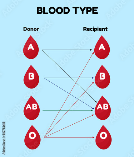 Blood types compatibility. ABO blood group system. Vector illustration. blue background