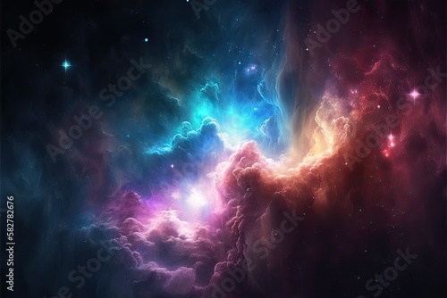 A cosmic luminous nebula background. Beauty of endless cosmos. Science fiction art. Generative AI illustration.