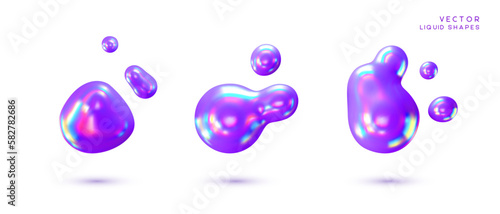 Set of liquid 3d holographic abstract shapes. Violet fluid bubbles iridescent effect. 3d vector illustration.