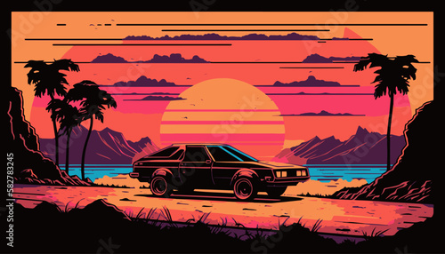sunset on the beach with a car on colorful sunset vector illustration