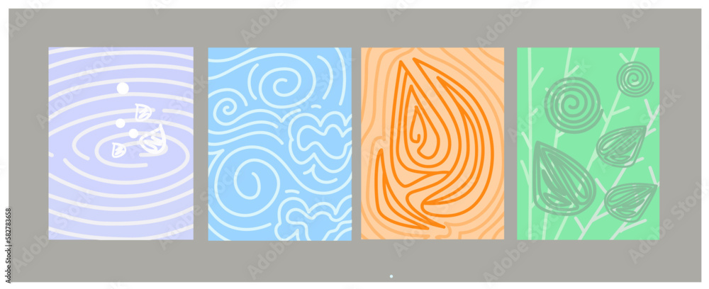 Obraz premium Elements of nature in modern contemporary symbols earth, water, air and fire vector design. Page calendar book cover design. Science project cards poster ideas.