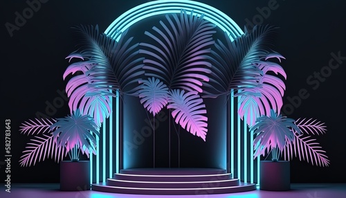Minimal neon podium stand with empty space on tropical leaves background with neon glowing light for product placement