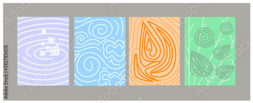 Elements of nature in modern contemporary symbols earth, water, air and fire vector design. Page calendar book cover design. Science project cards poster ideas.