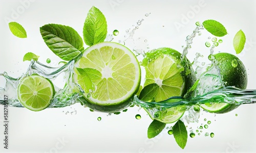 A splash of limes and limes is being poured into a glass, generative AI © Enigma