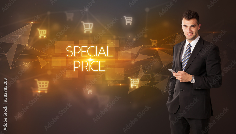 Businessman thinking about shopping concept Businessman thinking about shopping concept