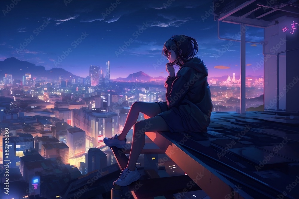 Fototapeta premium girl sitting on a ledge, cyberpunk, anime style. generative AI