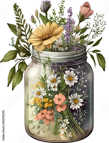 Vector image of bouquet of flowers in glass jar..
