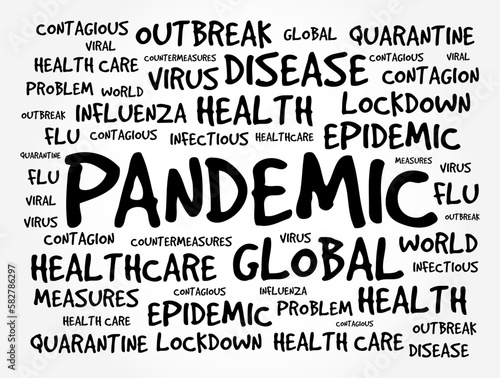 Pandemic is an epidemic of an infectious disease that has spread across a large region, continents or worldwide, word cloud concept background
