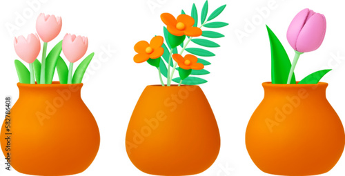Spring flowers 3d bouquets in pots or clay vases. Plasticine flower  pink tulips and green leaves. Isolated decorative realistic vector floral elements