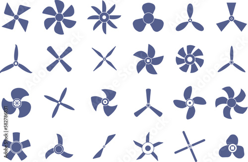 Boat propellers screws icon. Marine or airplane turbine screw symbols. Rotate ship motors, fan silhouettes set. Isolated flight blades decent vector set