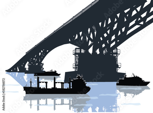 three boats under large grey bridge isolated on white