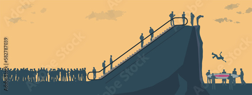 Men line up to take an escalator to the top but there is not much room at the top of the business world. This is a 3-d illustration.