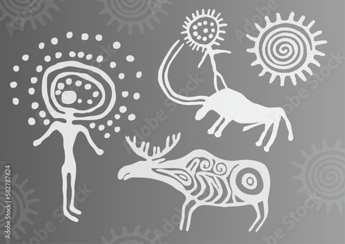 set of Kazakh ethnic rock paintings