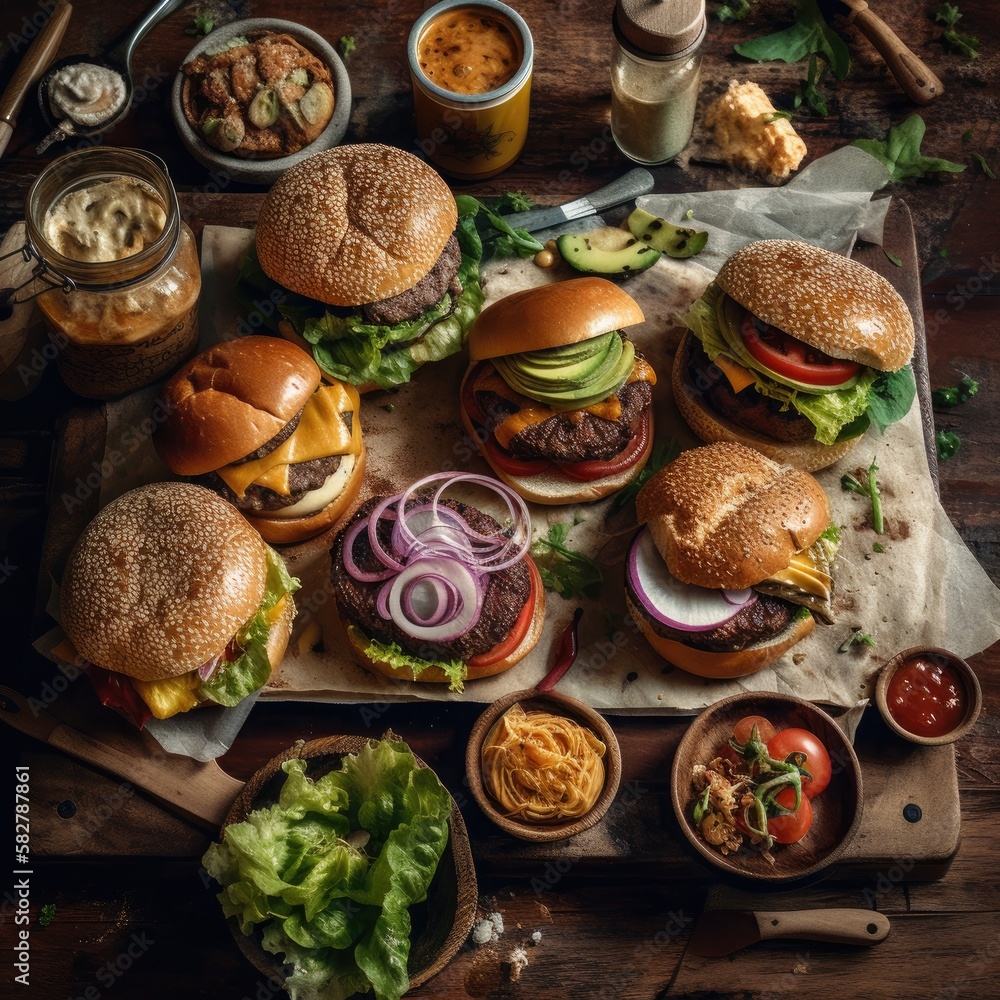 Variety of Burgers on a Rustic Wooden Board Topped with Fresh Ingredients, AI Generated - obrazy, fototapety, plakaty 