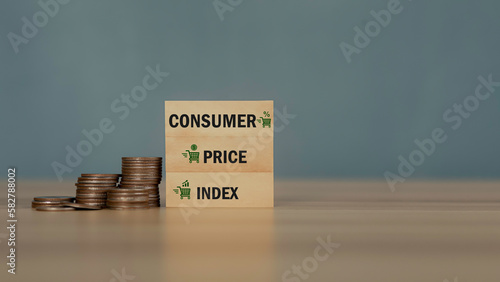 The words Consumer, price, index On wooden blocks and icons related to CPI concepts CPI, inflation and economic indicators.