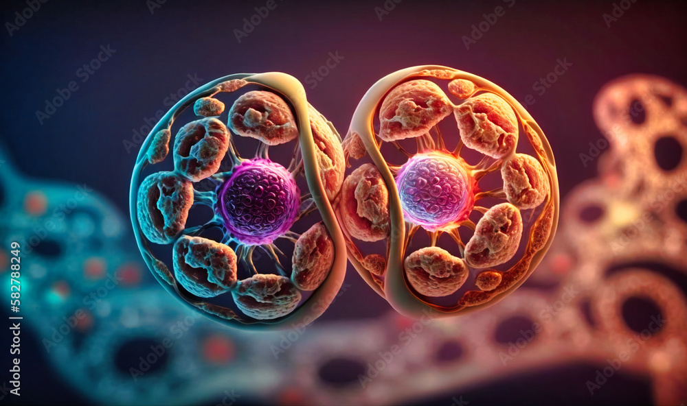 The process of cell division in which one cell divides into four genetically diverse daughter cells The process of cell division in which one cell divides into four genetically diverse daughter cells