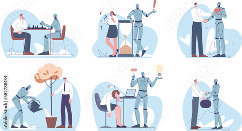 Android robotics and people work. Robot vs human in job, competition and collaboration scenes. Flat cartoon managers, business analytics kicky vector concept