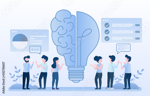Business people talking and discussing information. Half light bulb and half brain means thinking outside the box, creativity, exploring innovative solutions. Flat vector illustration.
