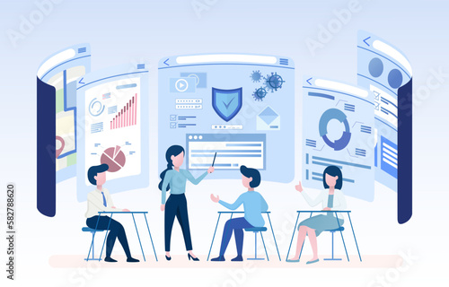 The admin team is discussing website anti-virus measures and adjustments to ensure the protection of their website data. Online meeting concept. Flat vector illustration.