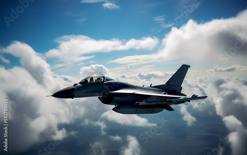 Print op canvas An F-16 fighting falcon jet inflight with blue skies and clouds in the background