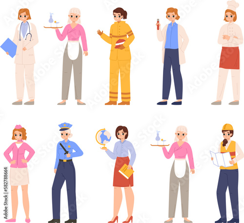 Career women in profession, girl in uniform. Worker day, cute female characters on work. Young teenager in careers day, snugly vector cartoon set