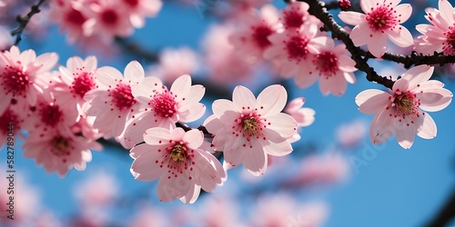 Lush cherry blossom branches, spring background. Generative AI
