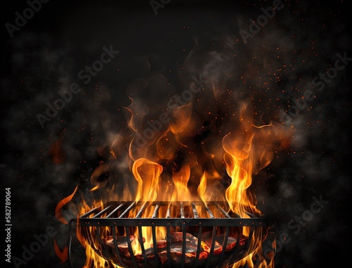 Cast iron grill barbecue grill with open fire, generative ai illustration