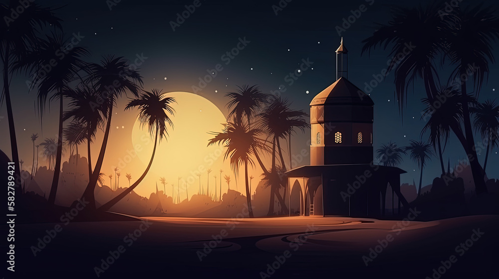 Mosque night view, sand and calm atmosphere mountain, Generate AI