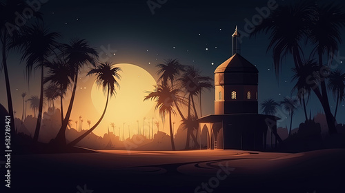 Mosque night view, sand and calm atmosphere mountain, Generate AI