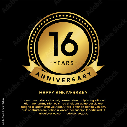 16 years anniversary banner with luxurious golden circles and halftone on a black background and replaceable text speech